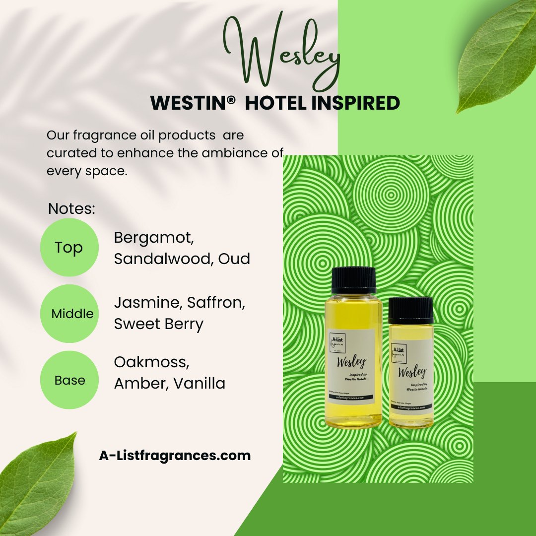 Hotel Scent Fragrance Oil : WESLEY - Inspired by Westin Hotels® - A - List Fragrances